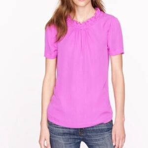 🎁 J Crew women’s ruffled neck top Short Sleeve 100% silk Blouse magenta